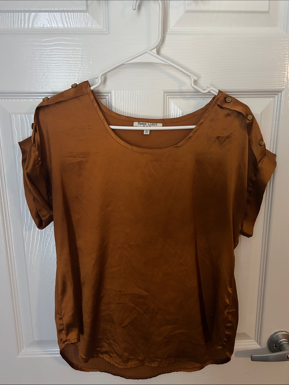 Satin Short-Sleeve Blouse with Button Shoulder Detail - Rust